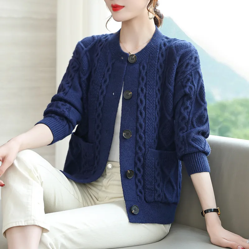 Cable-knit Sweater Cardigan For Women Outer Match Short Autumn And Winter - Navy Blue