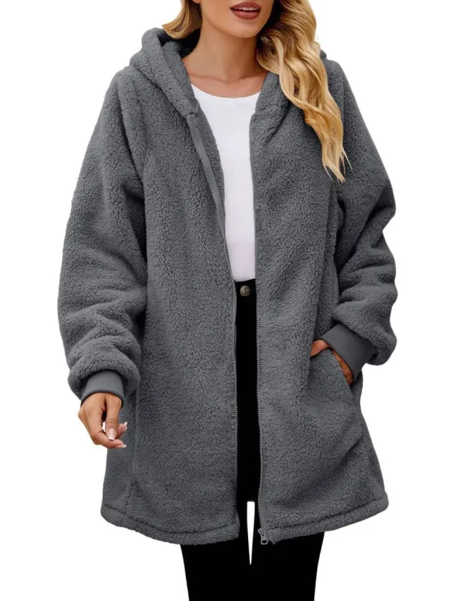 Loose Plush Women's Long Sleeve Hooded Zip Cardigan Coat Gray - Shop at LoveMi