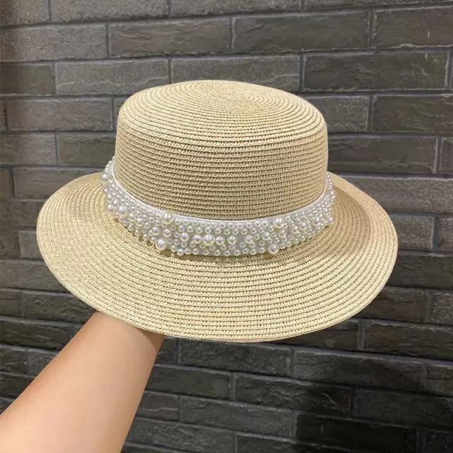 Retro Fashion Versatile Pearl Flat Top Sun Protection Beach Hat Beige - Shop at LoveMi