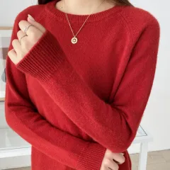 Women's Fashionable Simple Solid Colour Round Neck Sweater - Red - View 1