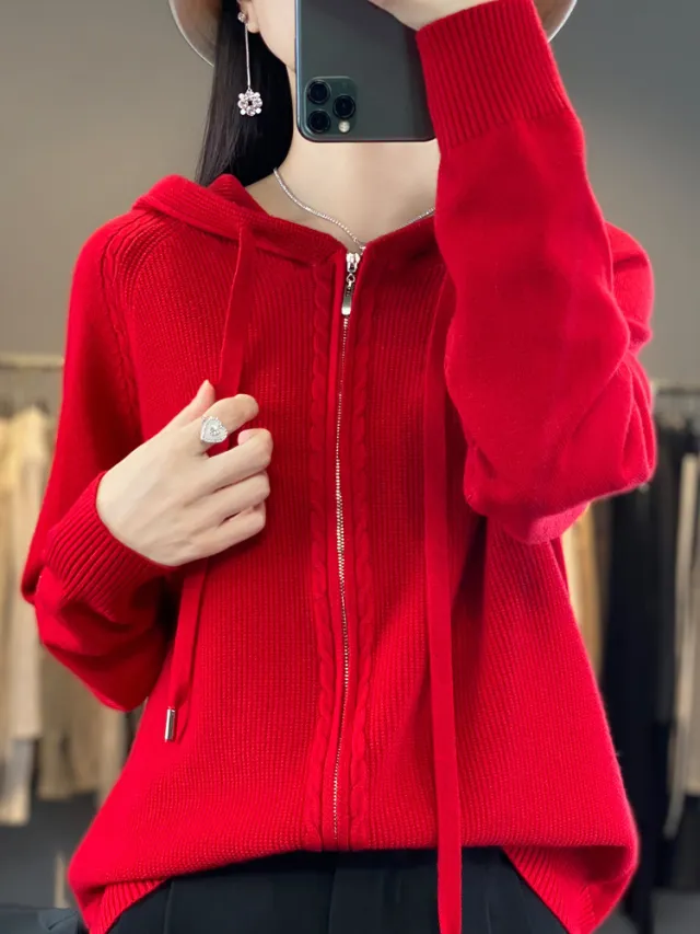 Double Zipper Cardigan Sweater Hoodie Loose fitting Hoodie Long Sleeve Red - Shop at LoveMi