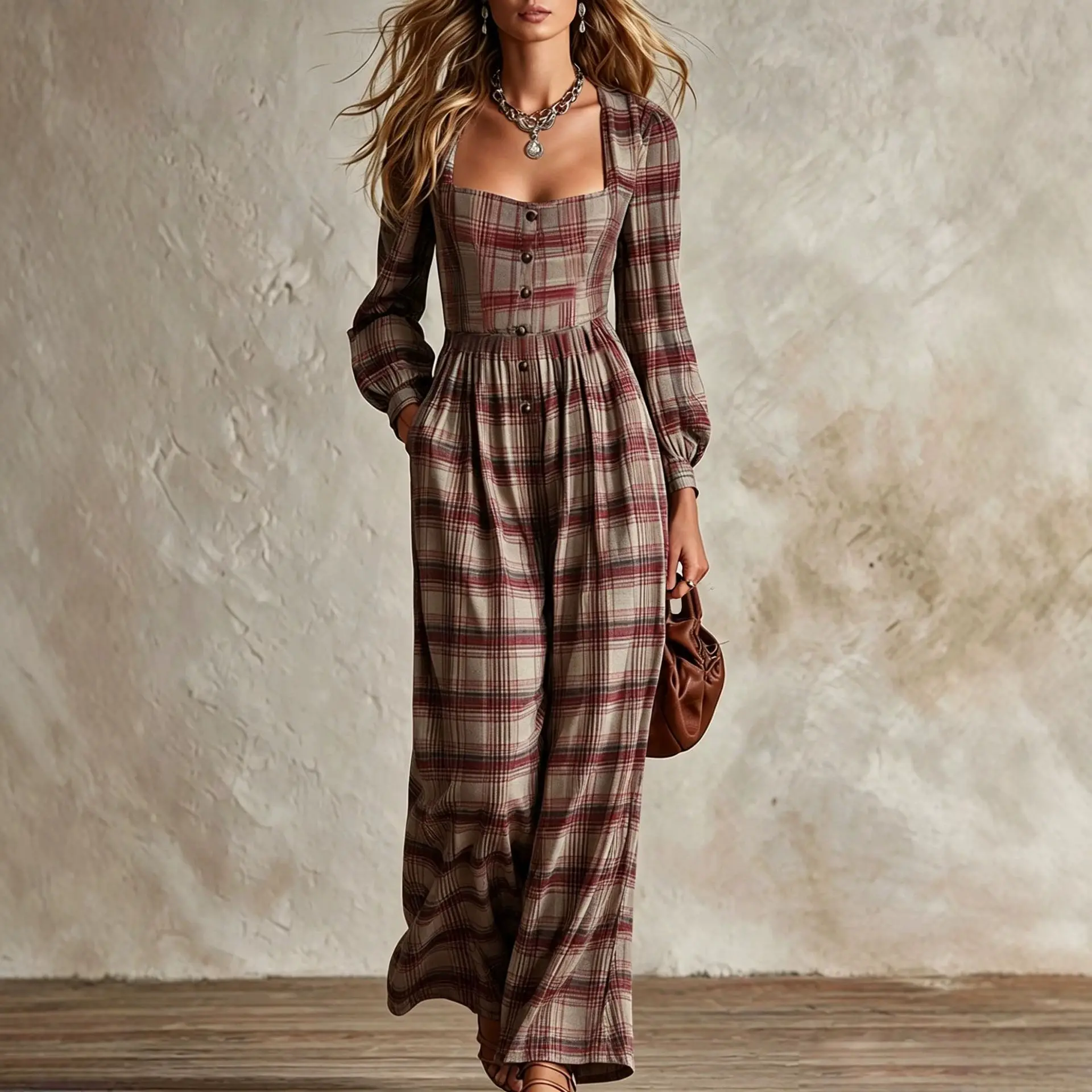 Womens Plaid Square-neck Waist-cinching Buttoned Wide-leg Jumpsuit
