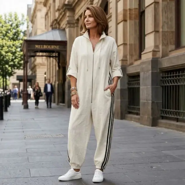 Fashionable Striped Color-block Jumpsuit With A Zip-up Stand-up Collar And Long Sleeves
