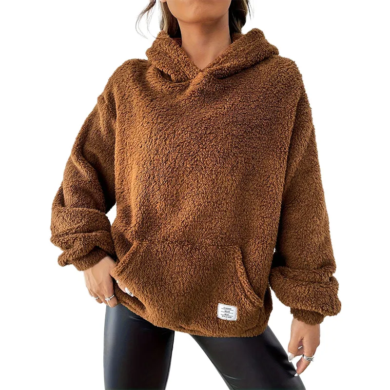 Autumn And Winter Loose Hooded Thickened Warm Plush Coat - Brown