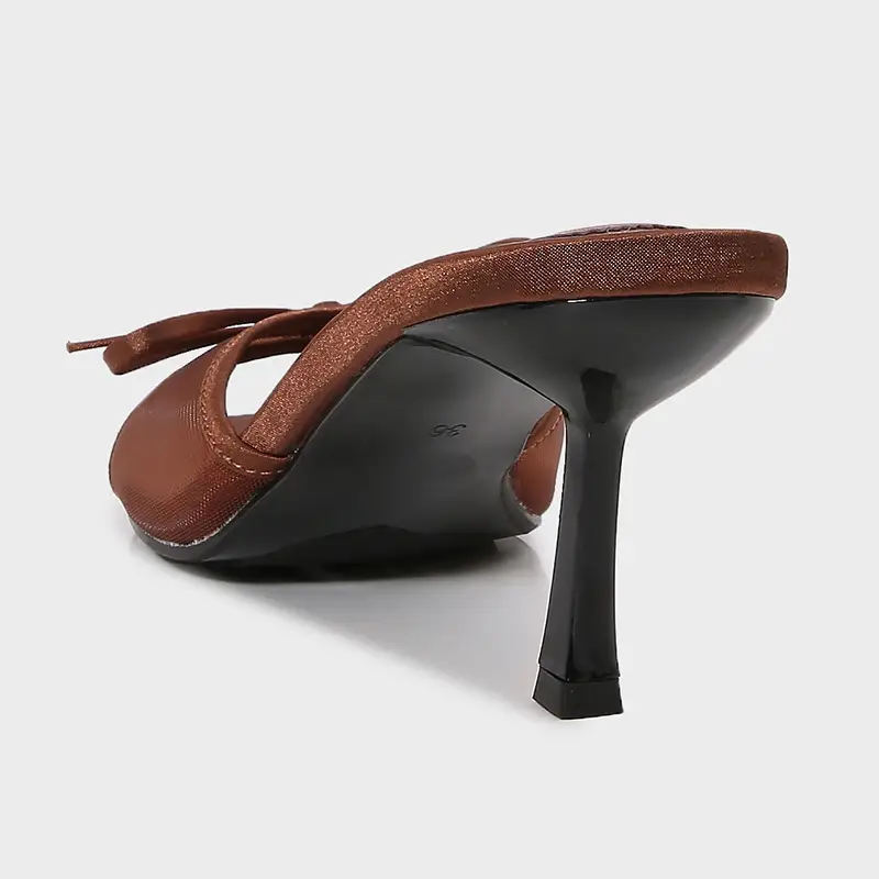 Womens Brown Mesh Sandals With Bow Detail And High Heel