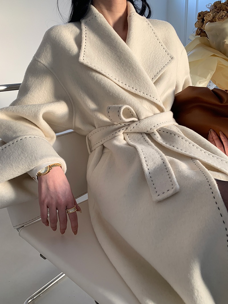 Long Fur Lapel Extended Lace up Double faced Woolen Goods Wool Overcoat Coat Ivory White - Shop at LoveMi