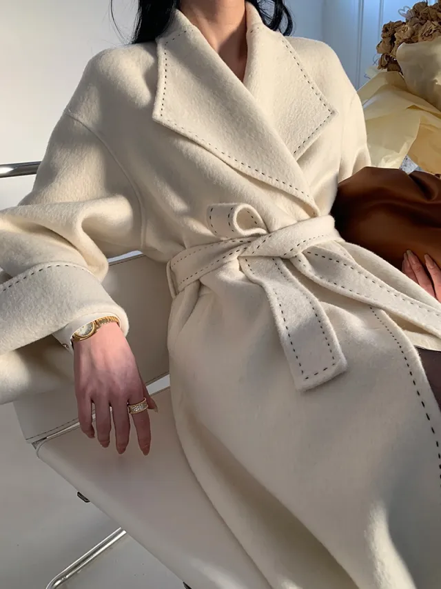 Long Fur Lapel Extended Lace up Double faced Woolen Goods Wool Overcoat Coat Ivory White - Shop at LoveMi
