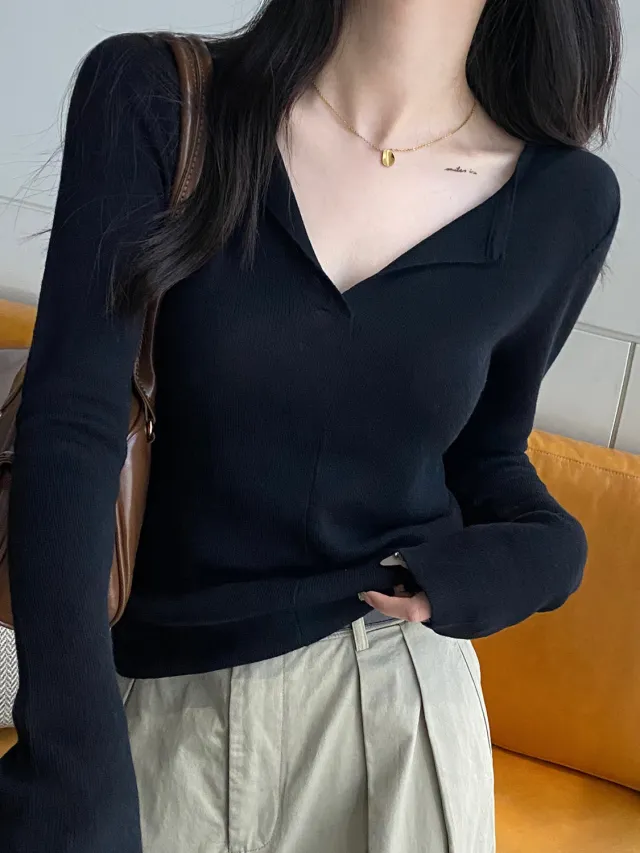 Solid Color Peter Pan Collar Knitwear Comfortable Soft Bottoming Shirt Black - Shop at LoveMi