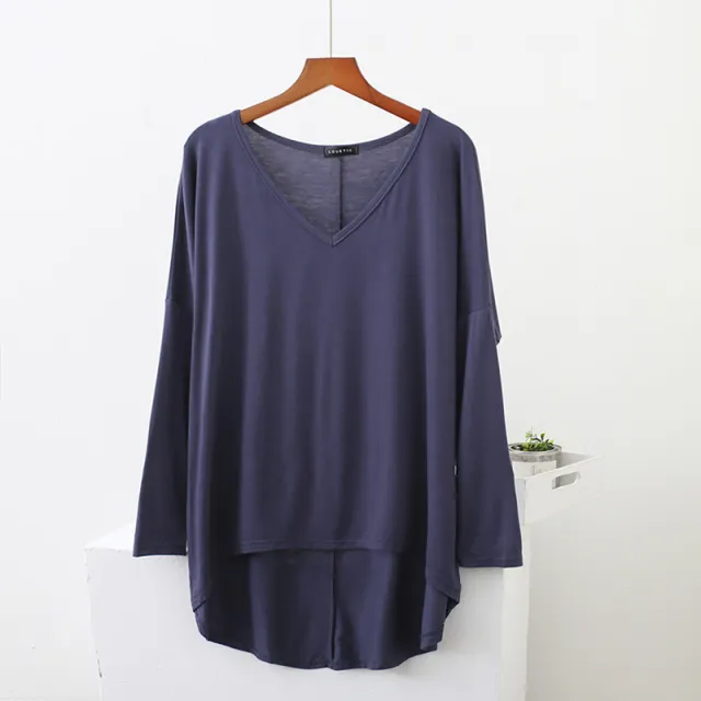 Loose Modal Batwing Shirt Plus Size V neck Long Sleeve Denim Blue - Shop at LoveMi