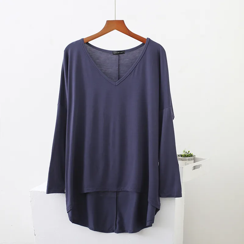 Loose Modal Batwing Shirt Plus Size V-neck Long Sleeve - Denim Blue