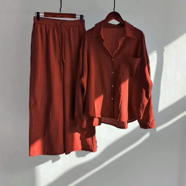 Cotton And Linen Shirt Outfit Waist Loose Trousers Brown - Shop at LoveMi