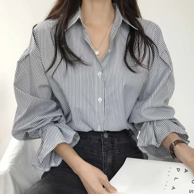 Lapel Contrast Color Striped Single breasted Loose All match Puff Sleeve Shirt Black - Shop at LoveMi