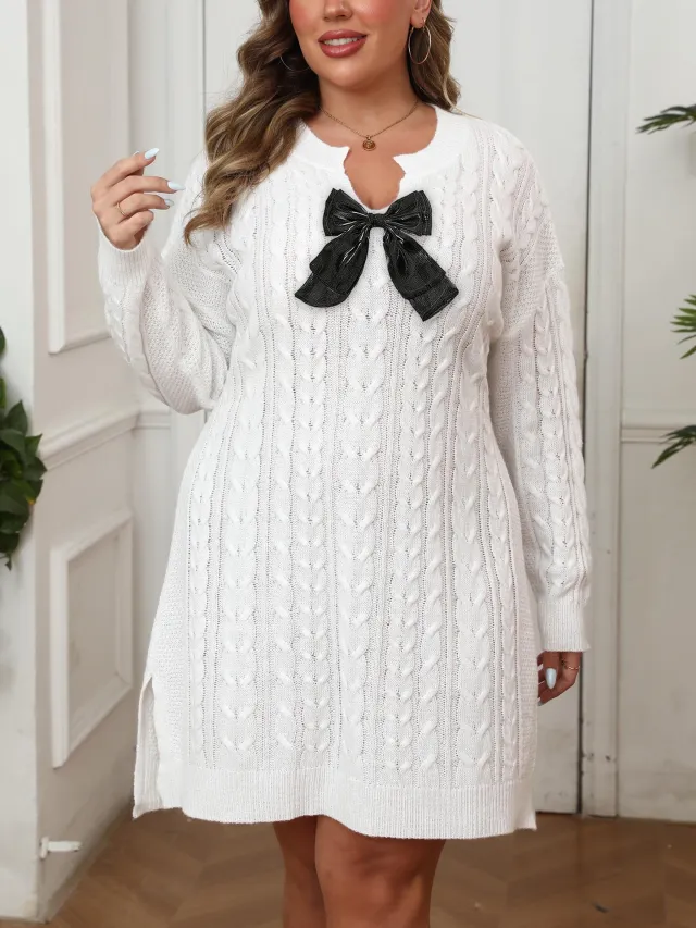 Plus size Women's V neck Cable Knit Sweater Solid Color Dress White And Black Bow - Shop at LoveMi