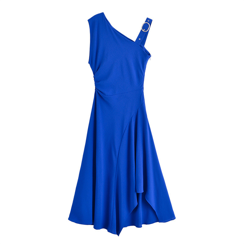Blue Asymmetric Buckle Oblique Shoulder Strap Dress