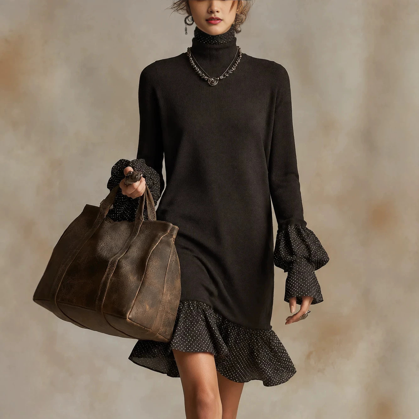 Women's Black Knitted Polka-Dot Casual Dress