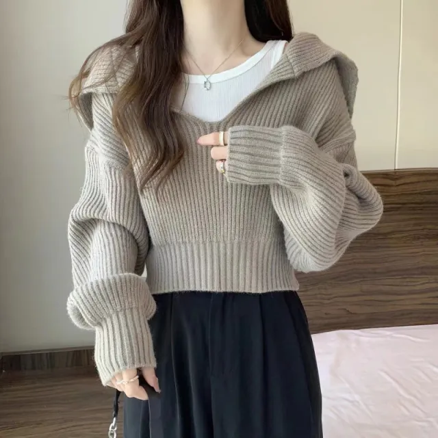 Sailor Collar Thick Loose Short Sweater Coffee - Shop at LoveMi