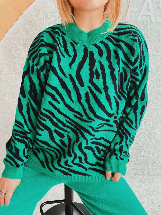Commuter Knitted Two piece Zebra Pattern Contrast Color Green Top - Shop at LoveMi