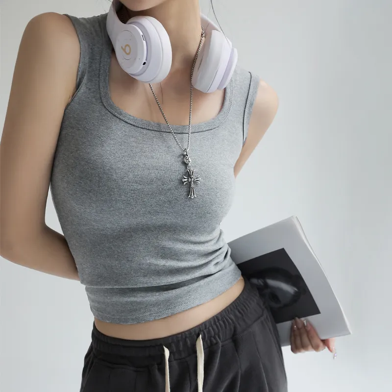 Suit Inner Wear Base Sleeveless Spaghetti Straps Midriff-baring Short Top - Flower Gray