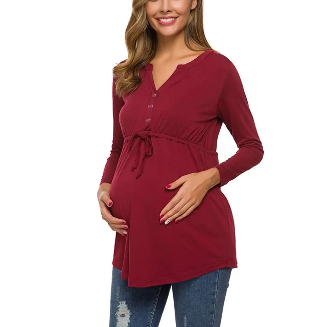 Autumn And Winter Long Sleeve V neck Solid Color Girdle Lace up Nursing Shirt Red - Shop at LoveMi