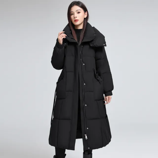 Knee length Warm Cotton Coat Loose Thicken Waist cinching Padded Jacket Black - Shop at LoveMi