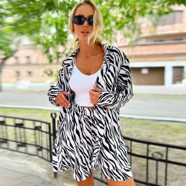Women's Leopard print Shirt Loose Shorts Suit Zebra On White Background - Shop at LoveMi