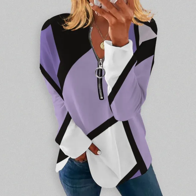 RETRO Geometric Printed Round Neck Long sleeve T shirt Long sleeve Zipper Violet M - Shop at LoveMi