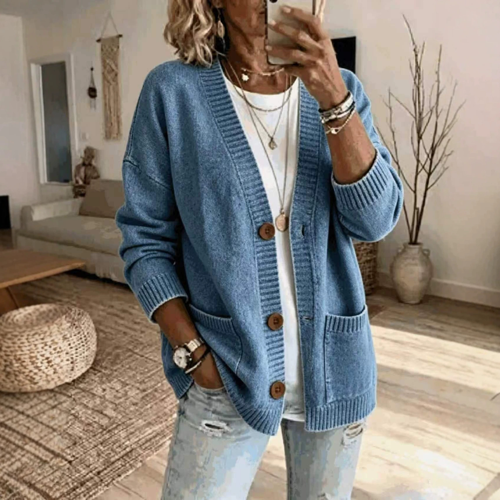 Womens Loose-fit V-neck Knit Sweater Jacket