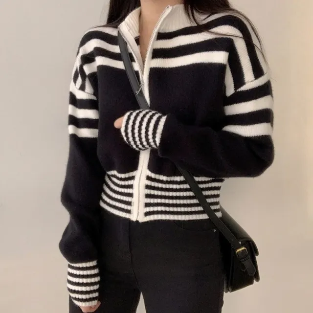 Short Long Sleeve Striped Sweater Sweater Coat White - Shop at LoveMi