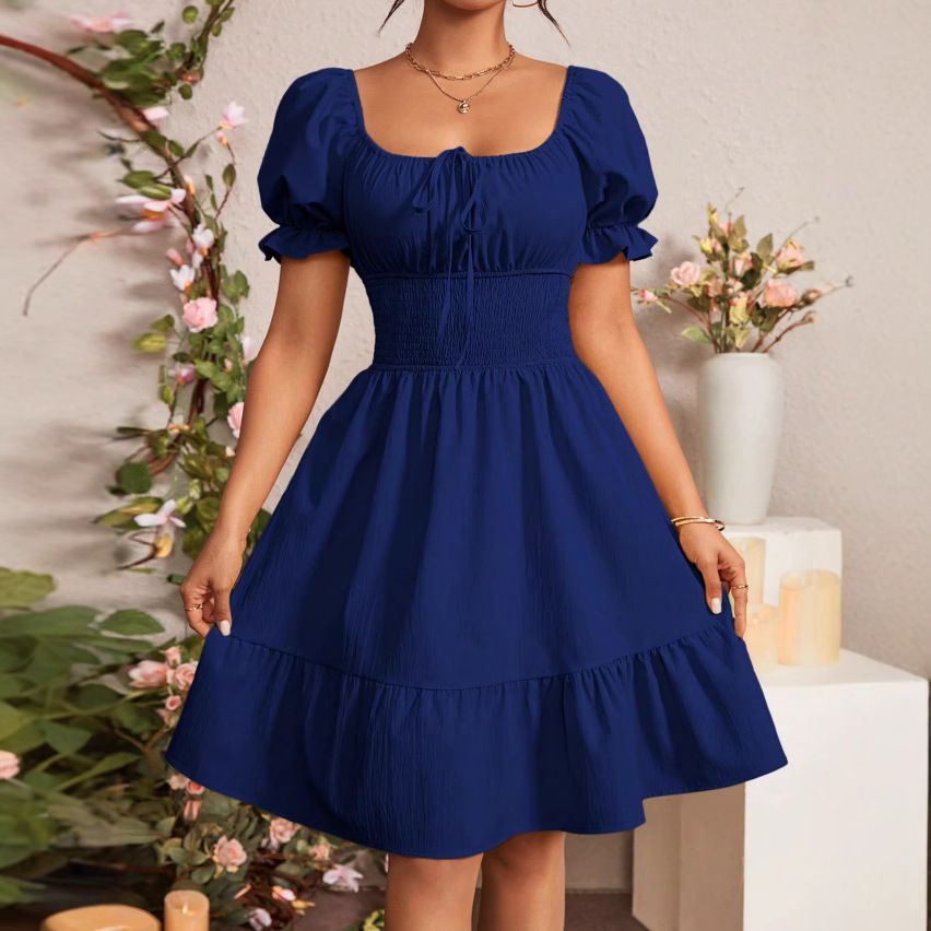 Pleated Ruffle A-line Dress With A Square Neckline And Short Sleeves