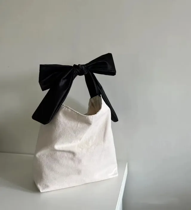 Bowknot Canvas Handbag Casual Shoulder Bag White - Shop at LoveMi