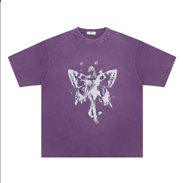 American Style Retro Washed Distressed Creative Printed Short Sleeve All match Loose T shirt Purple - Shop at LoveMi