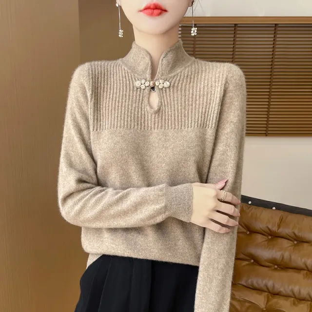 Retro Buckle Stand Collar Sweater For Women Camel - Shop at LoveMi