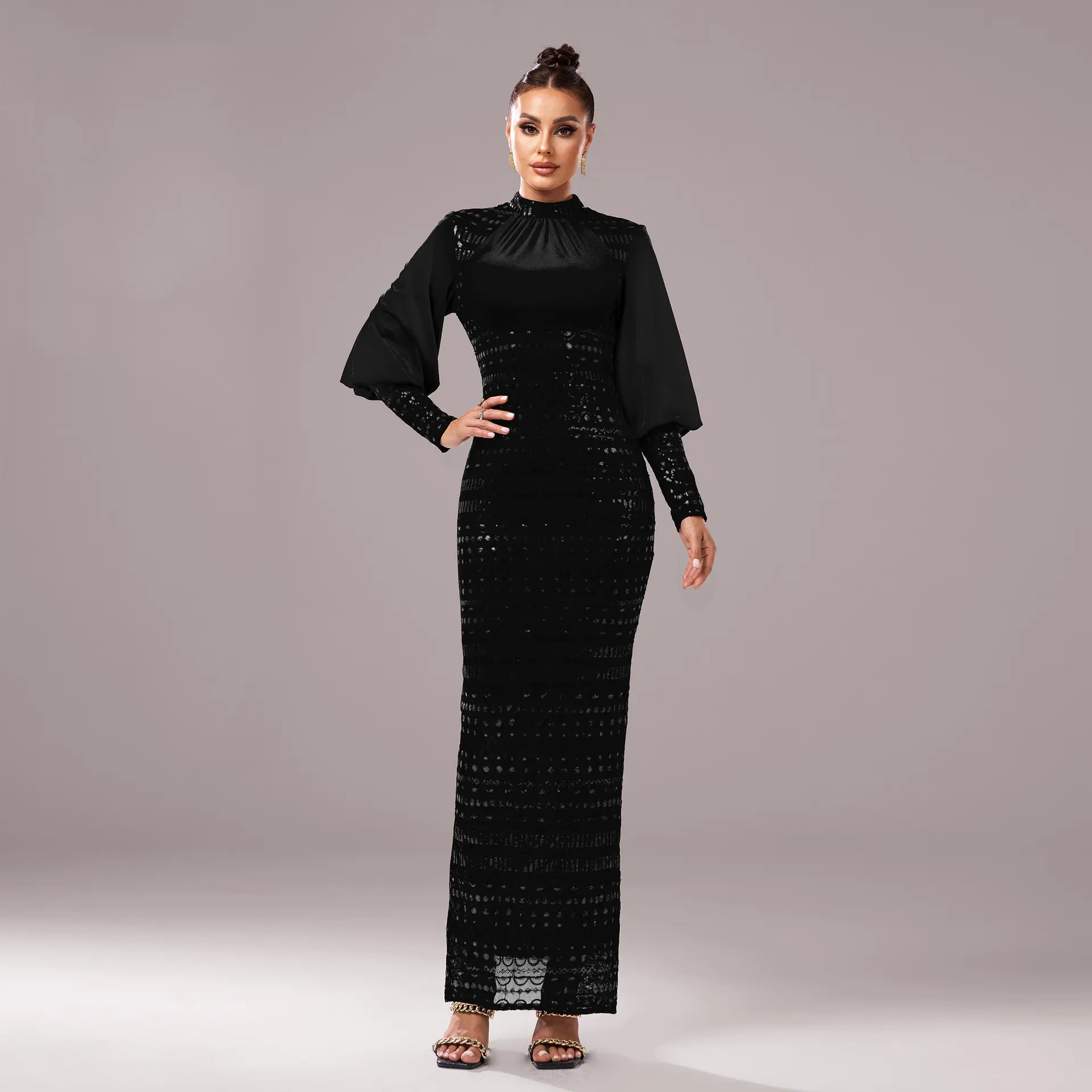 Long Sleeve Round Neck Sequins Slit Evening