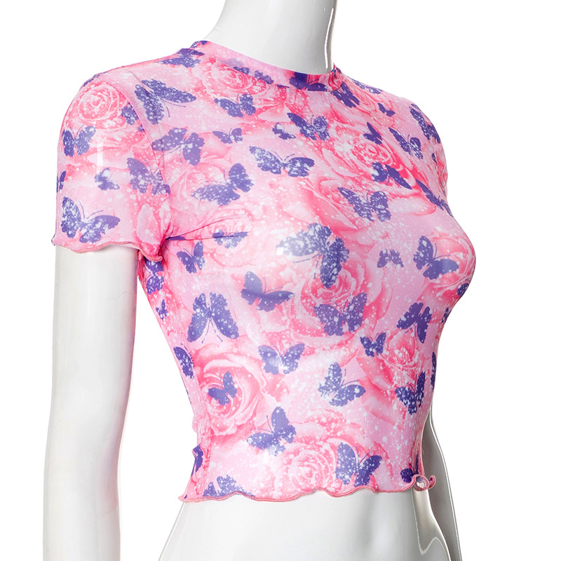 Title 3, Butterfly Print Round Neck Midriff-baring T-shirt