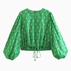 Women's Printing Coat Trousers Suit - Green Top - View 1