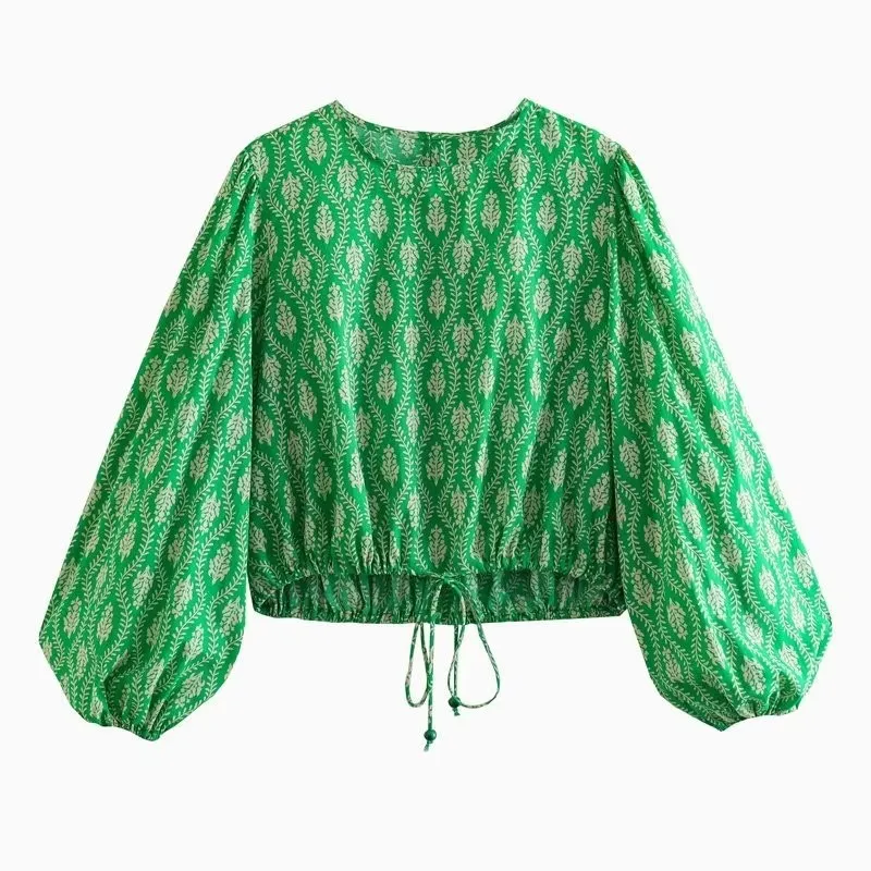 Women's Printing Coat Trousers Suit - Green Top