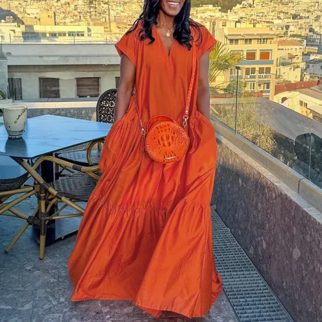 Solid Color And V neck Hem Ruffled Short Sleeves Long Dress Orange - Shop at LoveMi