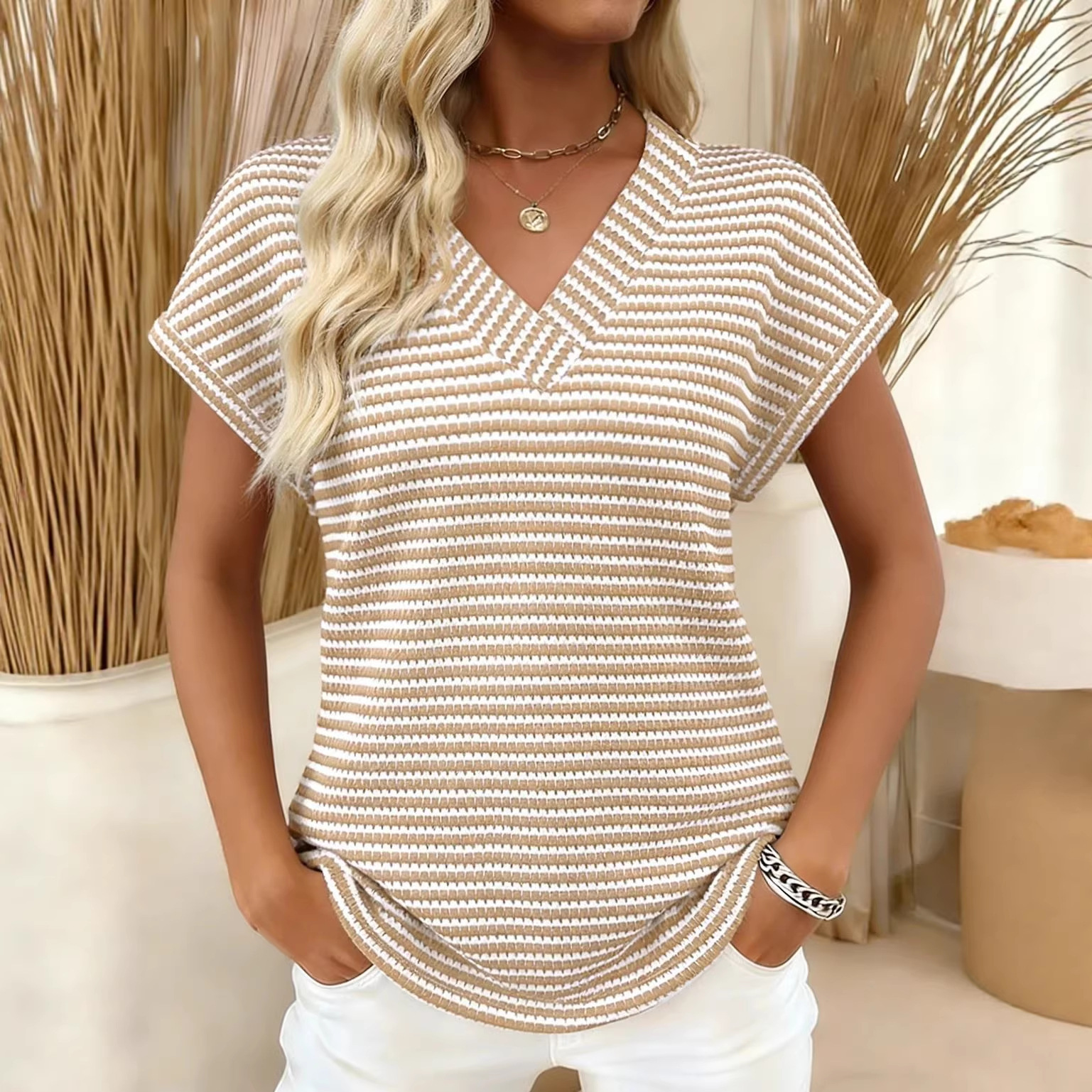 Summer V Neck Striped Loose Short Sleeve