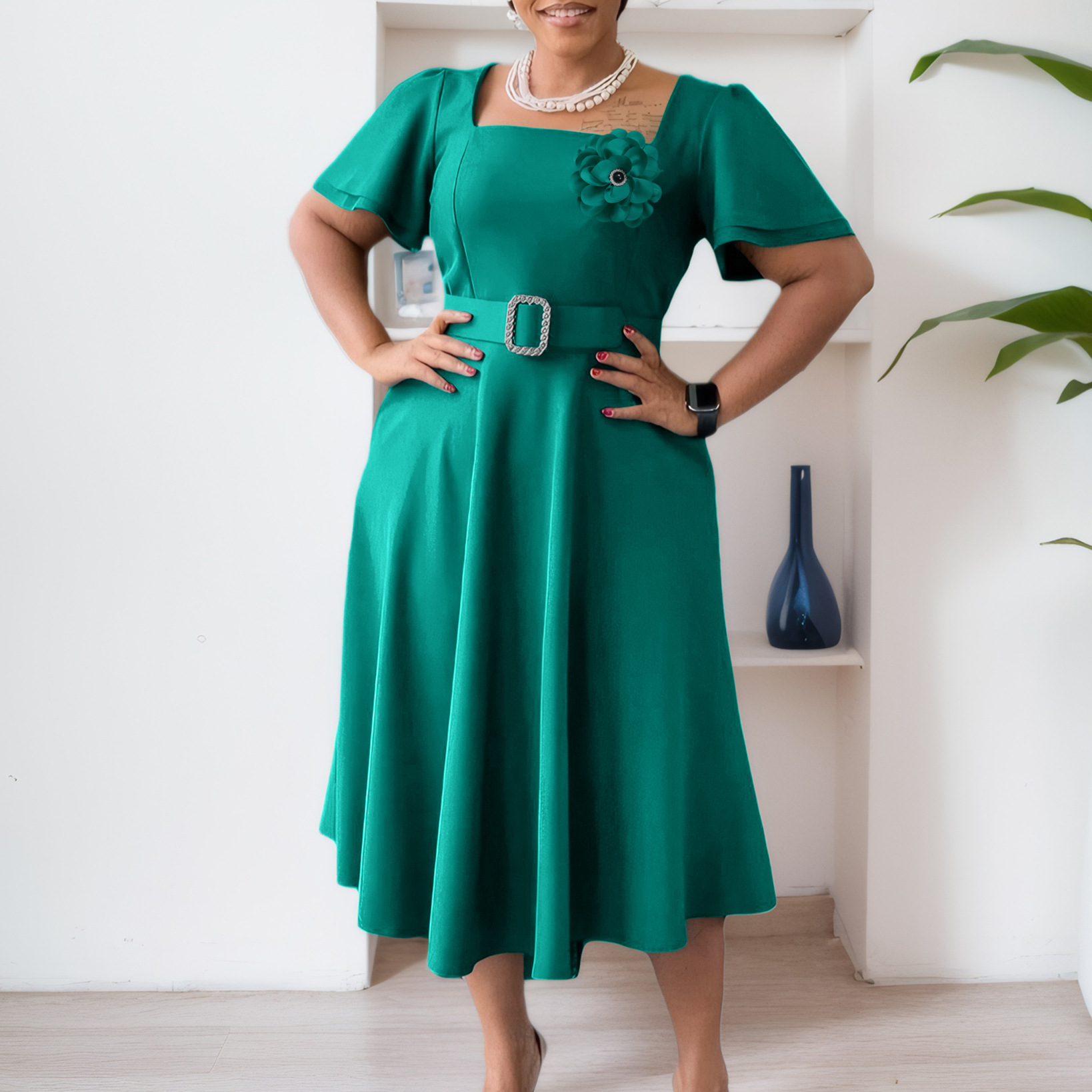 Fashionable Square-neck Solid-color High-waisted Swing Dress