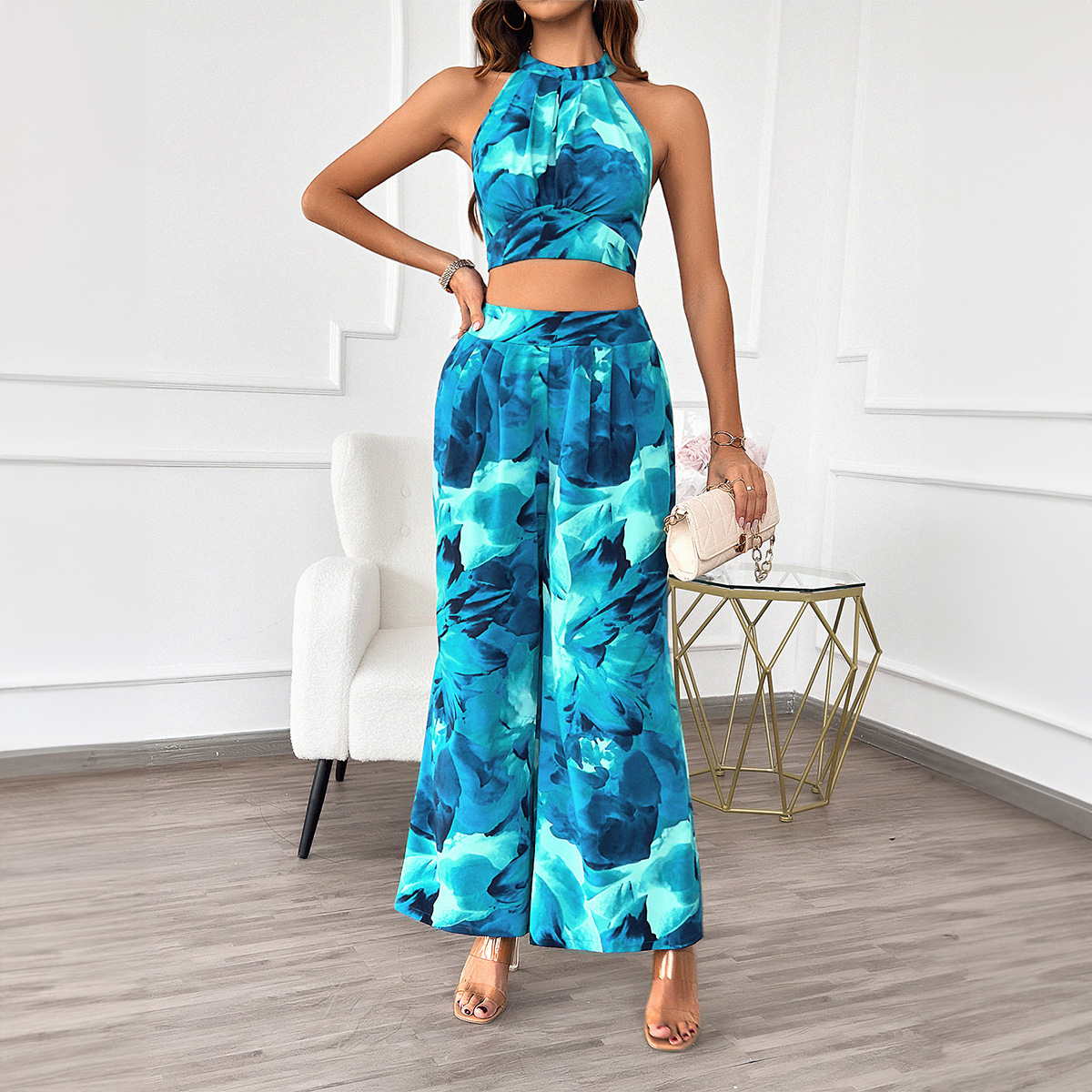 Leisure Commute Vacation Style Contrast Color Halter Top Wide-leg Pants Suit Women