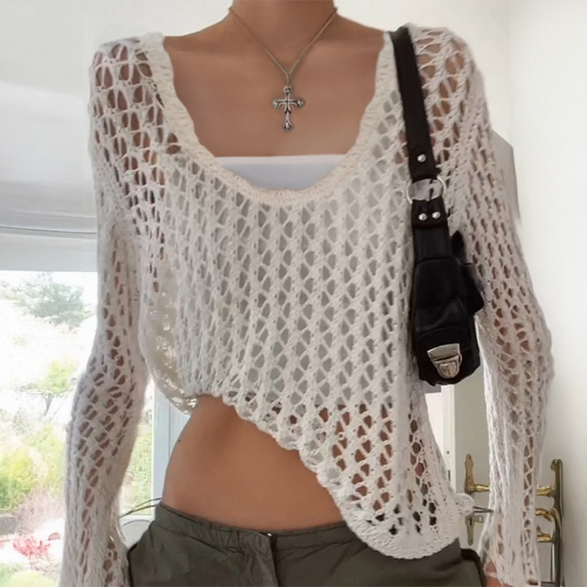 Hot Girl Style Long Sleeve Hollow T-shirt Woolen Women's Clothing