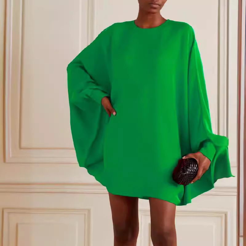 Batwing Sleeve Long Sleeve Solid Color Round Neck Mini Dress Short Dress