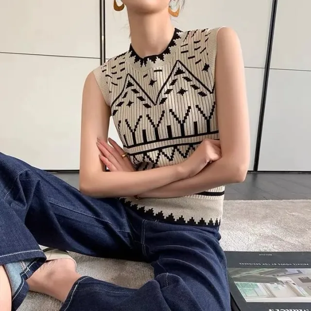 Knitted Sleeveless Wear Outer Wear Elegant High grade Vintage Vest Apricot - Shop at LoveMi