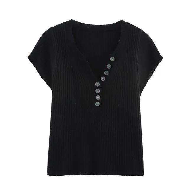 Collar Button Contrast Color Knitted Short Sleeve Black - Shop at LoveMi