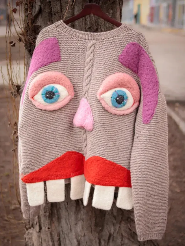Women's Sweater Back Smiling Face Funny Face Women's Sweater Brown - Shop at LoveMi