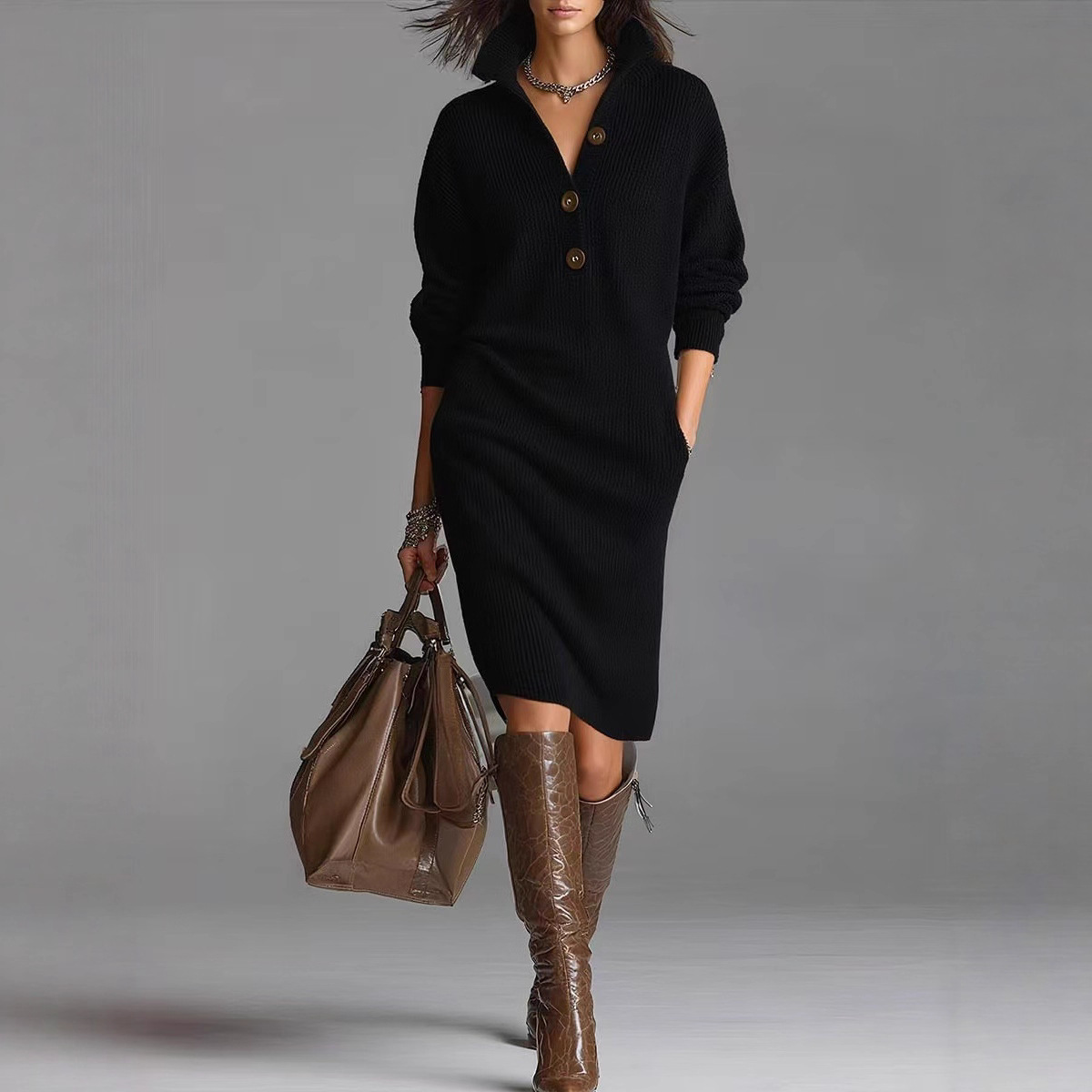 Autumn And Winter Lazy Style Overknee Sweater Women's Dress