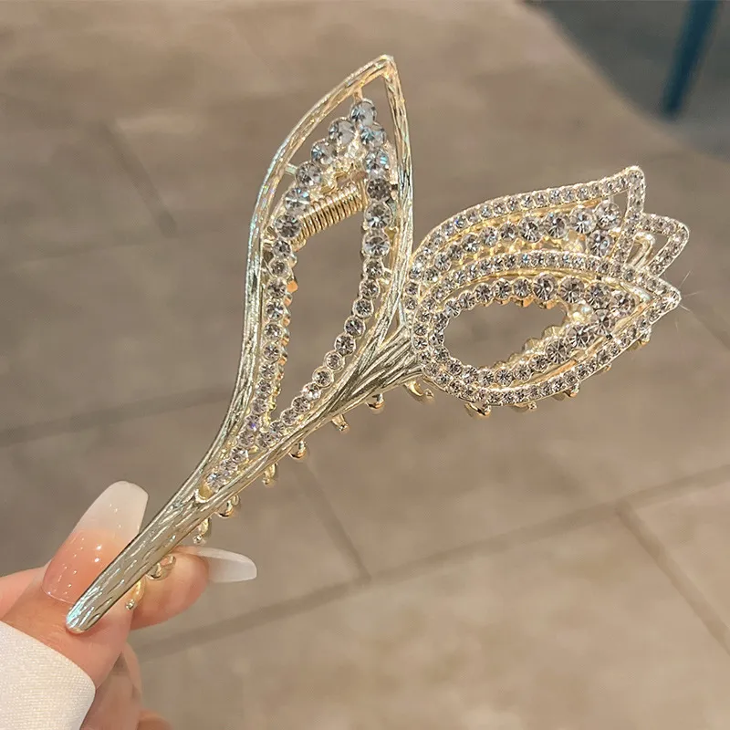 Tulip Pearl Rhinestone Big Clip Headdress Elegant Graceful Back Head Shark Clip - Tulip Style