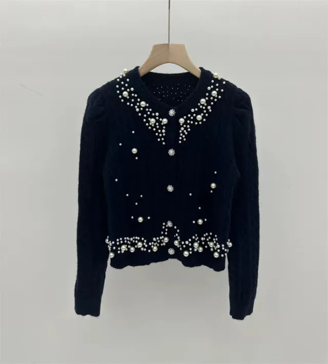 Heavy Industry Beaded Twist Bubble Long Sleeve Knitted Sweater Coat For Women Dark Blue - Shop at LoveMi