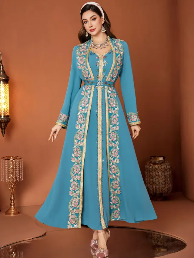 Lace V neck Fake Two piece Robe Belt Dress Peacock Blue - Shop at LoveMi