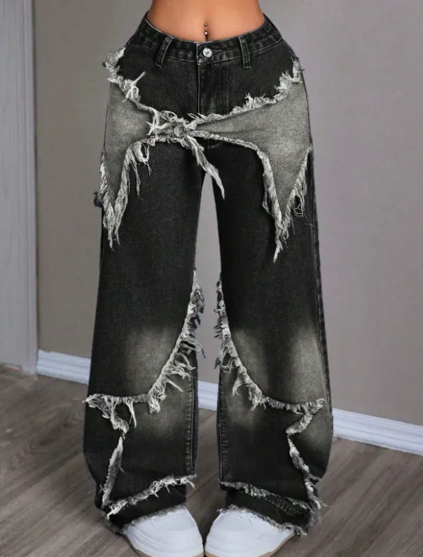 Retro Star Patchwork Heavy Wash Women's Jeans Black - Shop at LoveMi